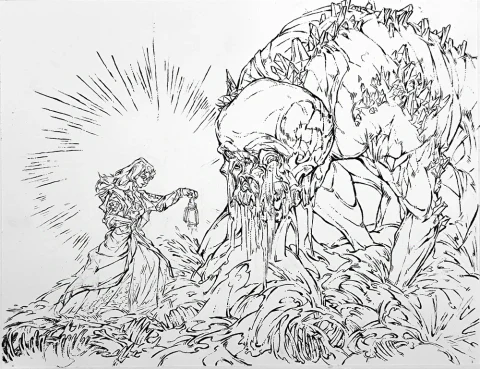 附页线稿：黑暗中，伊甸举灯照向一头背负星晶簇、面如熔骨的巨兽，灯光在墨色中炸开成点状光芒。
