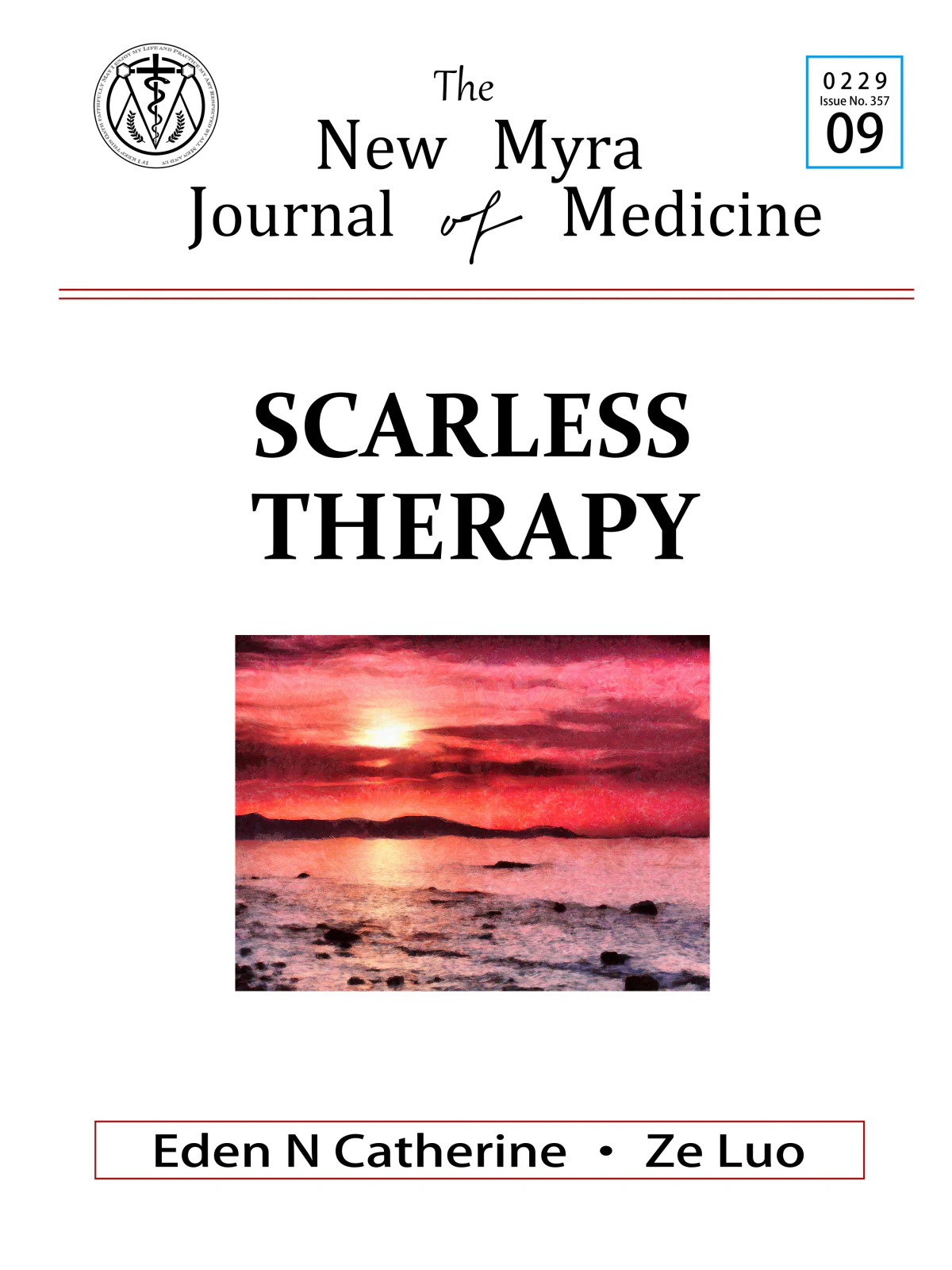期刊封面：《新迷亚拉医学科学报》第357期，专题 “SCARLESS THERAPY”，配一幅海上落日油画，作者署名 Eden N Catherine 与 Ze Luo。